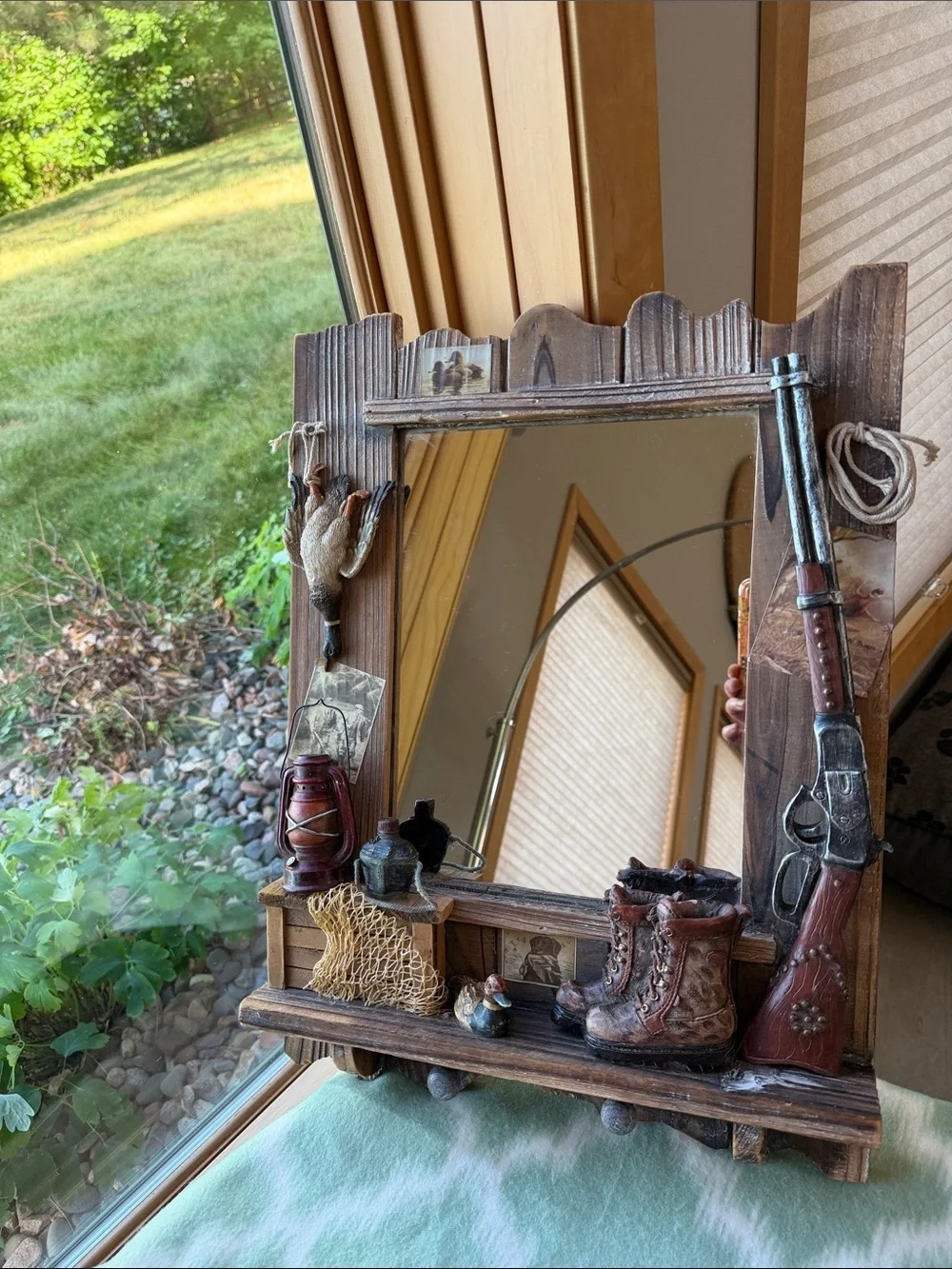 Rustic Brown Western Boot, Hunting & Rifle Wooden Frame Wall Mirror -Rivers Edge